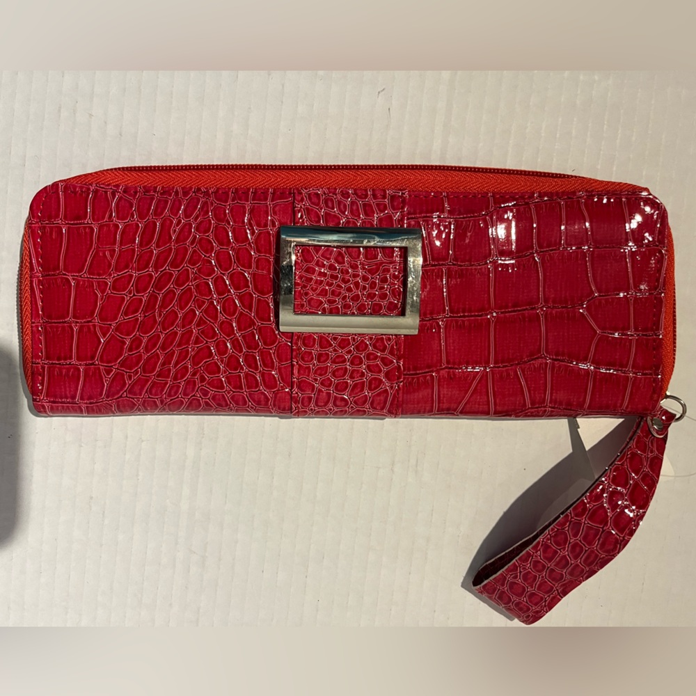 Red Croc-Embossed Clutch with Silver Buckle
